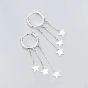 925 STERLING SILVER STAR TASSEL HOOP EARRINGS, NICE EARRINGS, CUTE EARRINGS